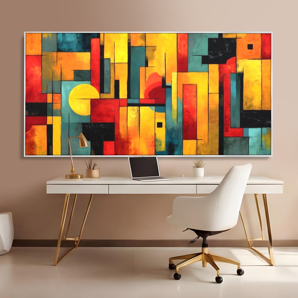 Tablou canvas cu pictura abstracta cu forme geometrice urbane, in rama de aluminiu argintiu, pe perete intr-un birou